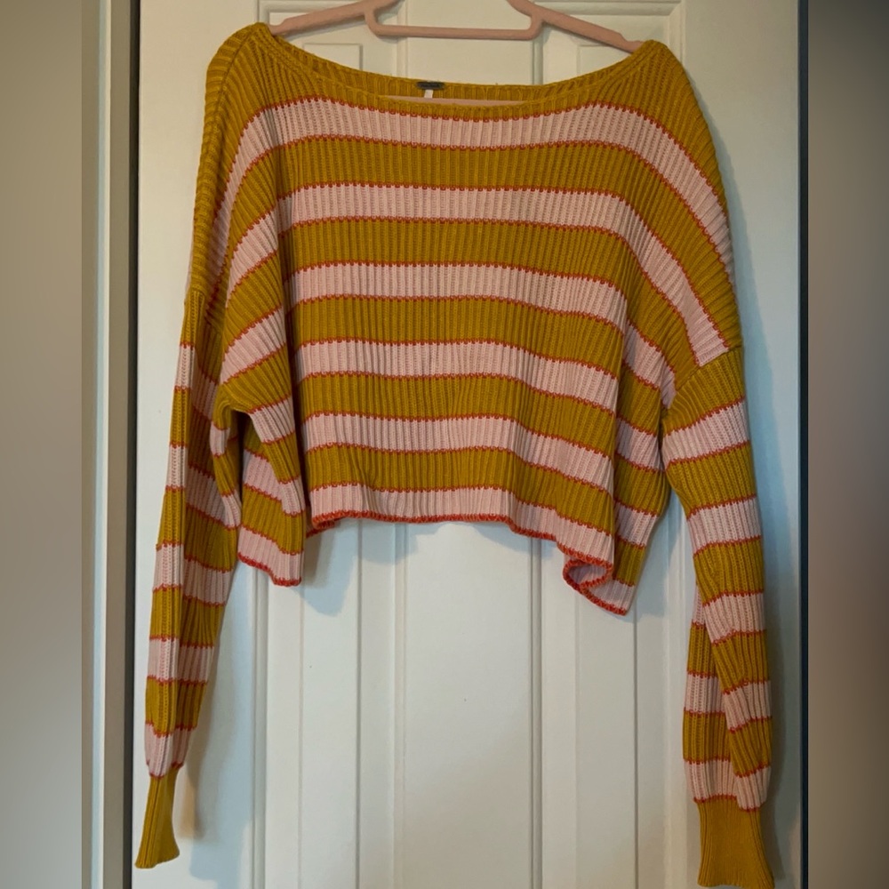 Free People Pink and Yellow Wide Neck Sweater